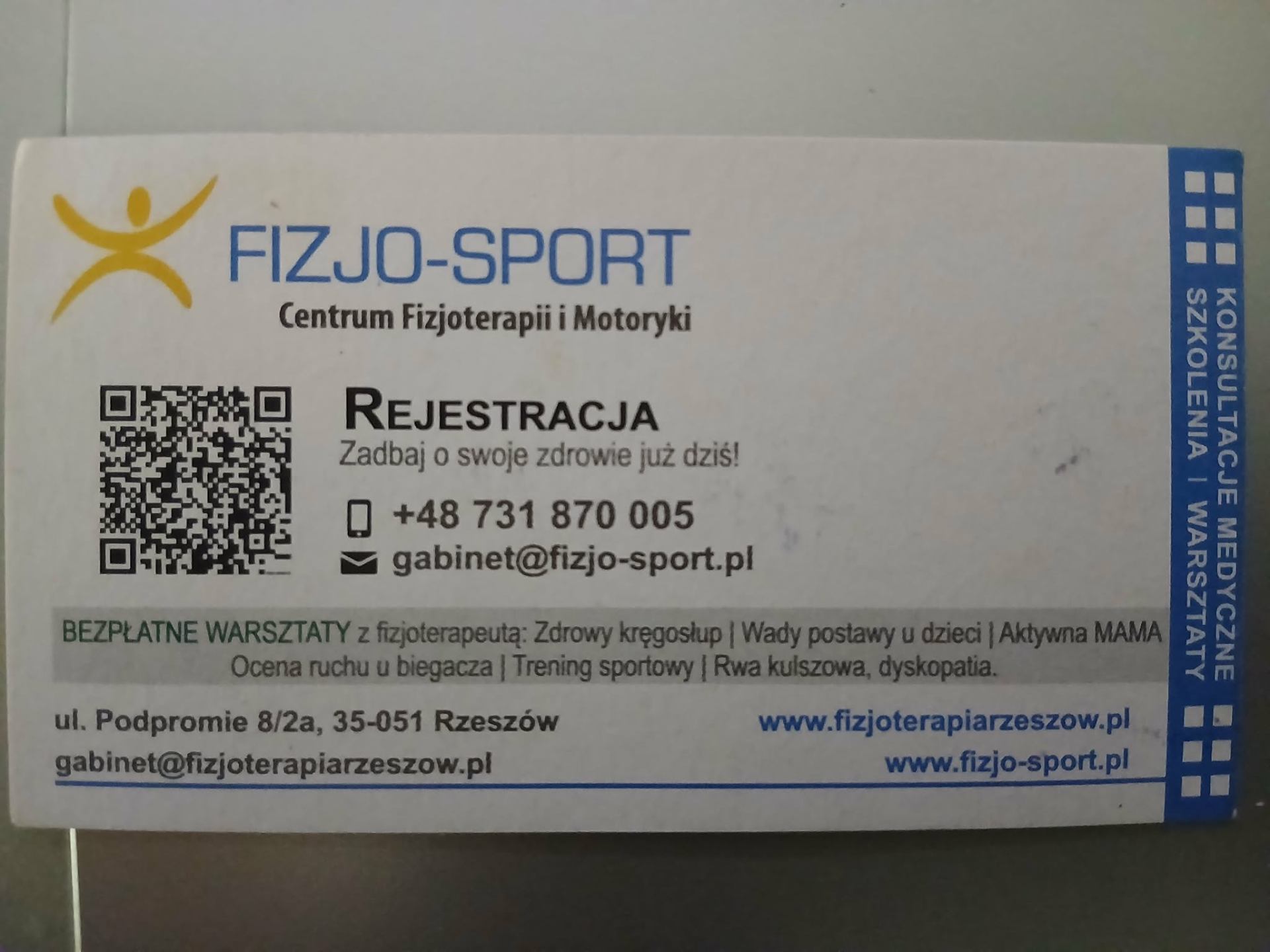Wizytówka Fizjo-Sport — Centrum Fizjoterapii i Motoryki, Rzeszów
